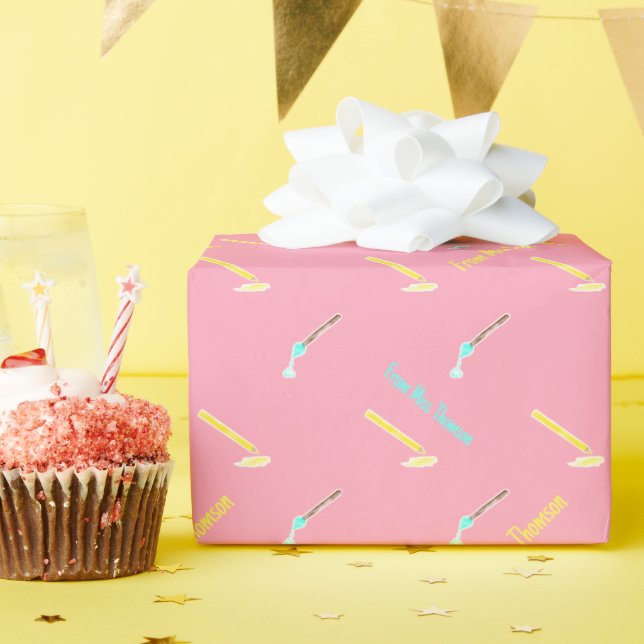 Bright pink and fun paint brush and art pencil wrapping paper (Birthday Party)