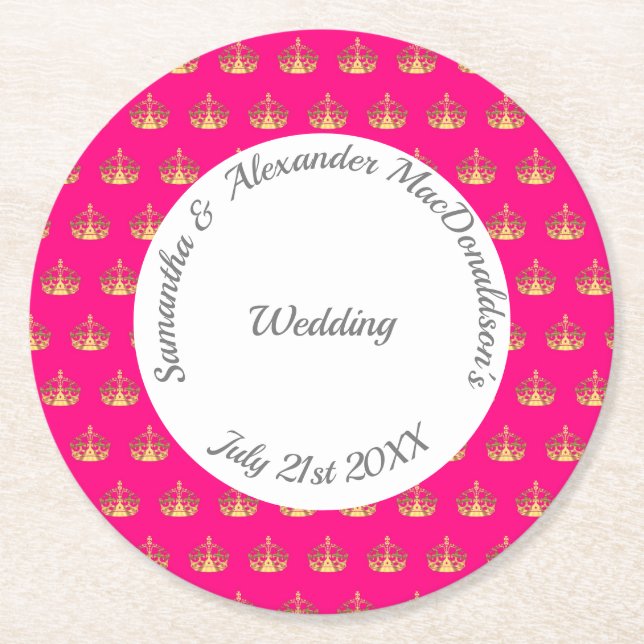 Bright pink and gold crown wedding round paper coaster (Front)