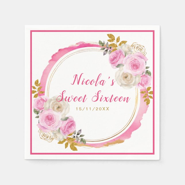 Bright Pink and Gold Elegant Flowers Sweet Sixteen Napkin (Front)