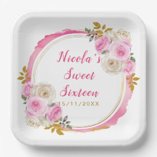 Bright Pink and Gold Elegant Flowers Sweet Sixteen Paper Plate
