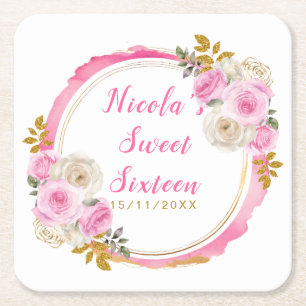 Bright Pink and Gold Elegant Flowers Sweet Sixteen Square Paper Coaster