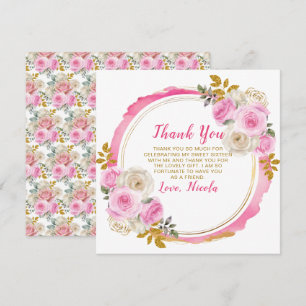 Bright Pink and Gold Elegant Flowers Sweet Sixteen Thank You Card