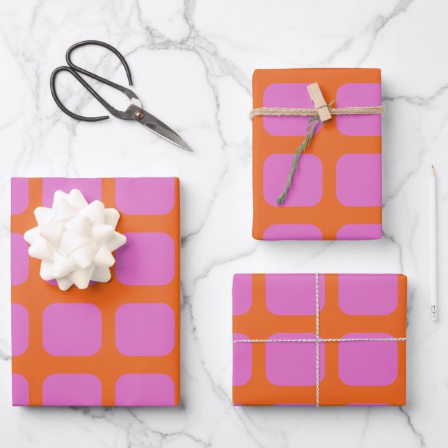 Bright Pink and Orange Geometric Grid Pattern Wrapping Paper Sheet (Front)