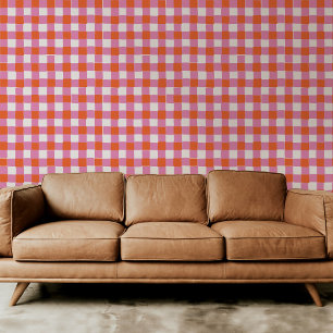Bright Pink and Orange Red Chequered Plaid Wallpaper