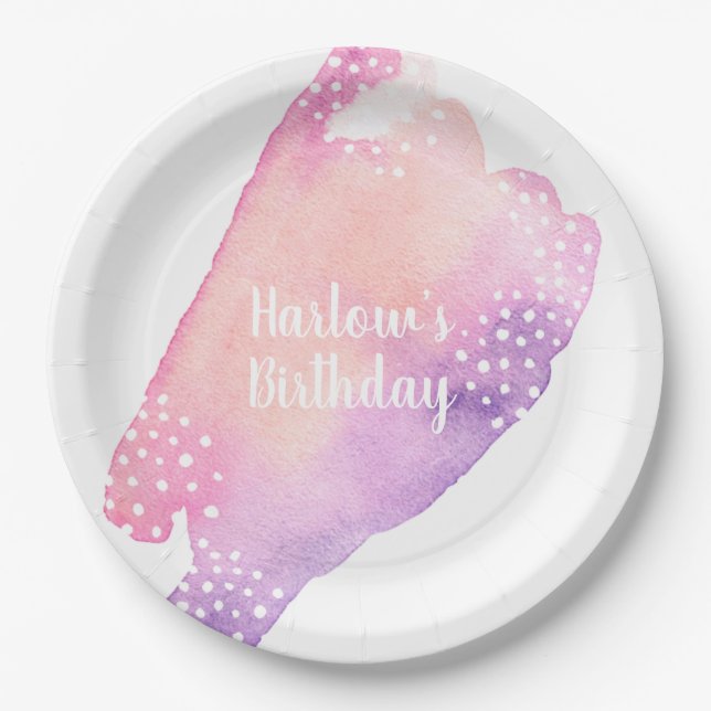 Bright Pink and Purple Watercolour Paper Plate (Front)