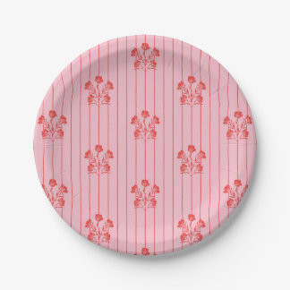 Bright Pink and Red Flower Stripes Paper Plate