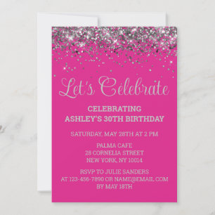 Bright Pink and Silver Glitter 30th Birthday Party Invitation