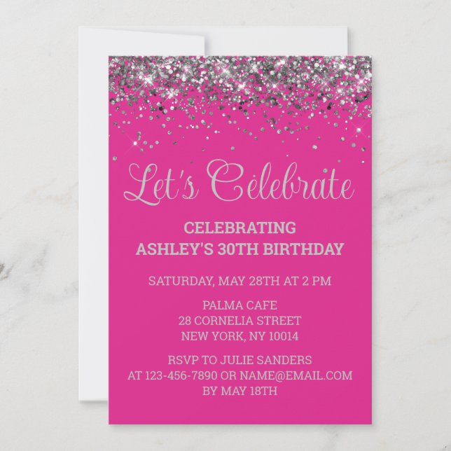 Bright Pink and Silver Glitter 30th Birthday Party Invitation (Front)