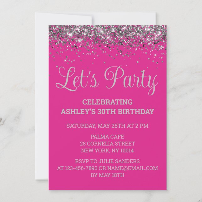 Bright Pink and Silver Glitter 30th Birthday Party Invitation (Front)