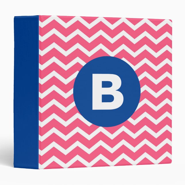 Bright Pink and White Chevron Pattern Monogram Binder (Front/Spine)