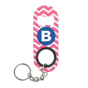 Bright Pink and White Chevron Pattern Monogram Keychain Bottle Opener