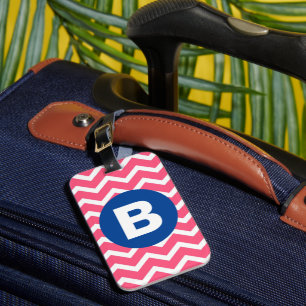 Bright Pink and White Chevron Pattern Monogram Luggage Tag