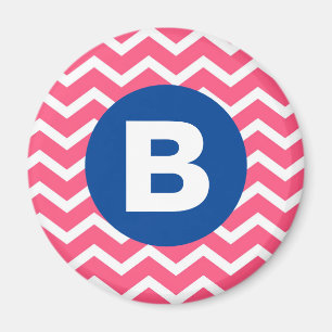 Bright Pink and White Chevron Pattern Monogram Magnet