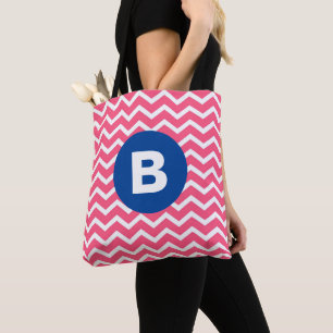 Bright Pink and White Chevron Pattern Monogram Tote Bag