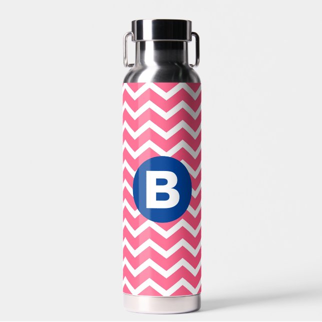 Bright Pink and White Chevron Pattern Monogram Water Bottle (Front)