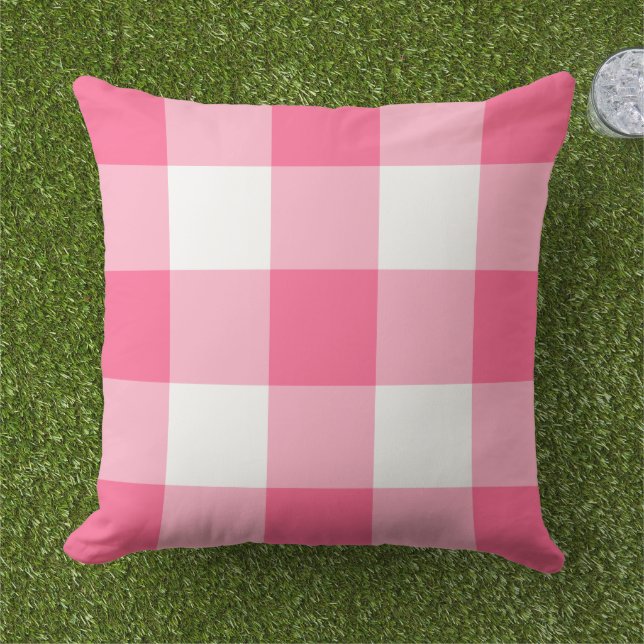 Bright Pink and White Gingham Plaid Pattern Outdoor Pillow (Grass)