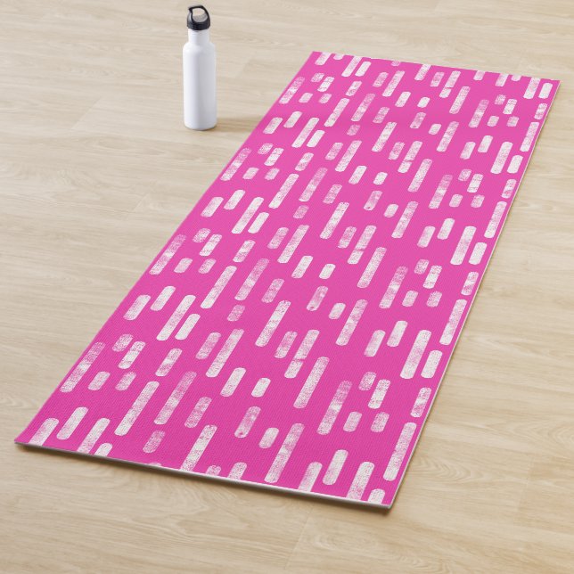 Bright Pink and White Inky Rounded Lines Pattern Yoga Mat (In Situ)