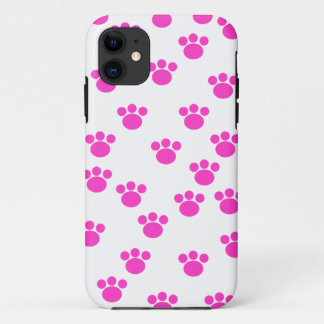 Bright Pink and White Paw Print Pattern. iPhone 11 Case