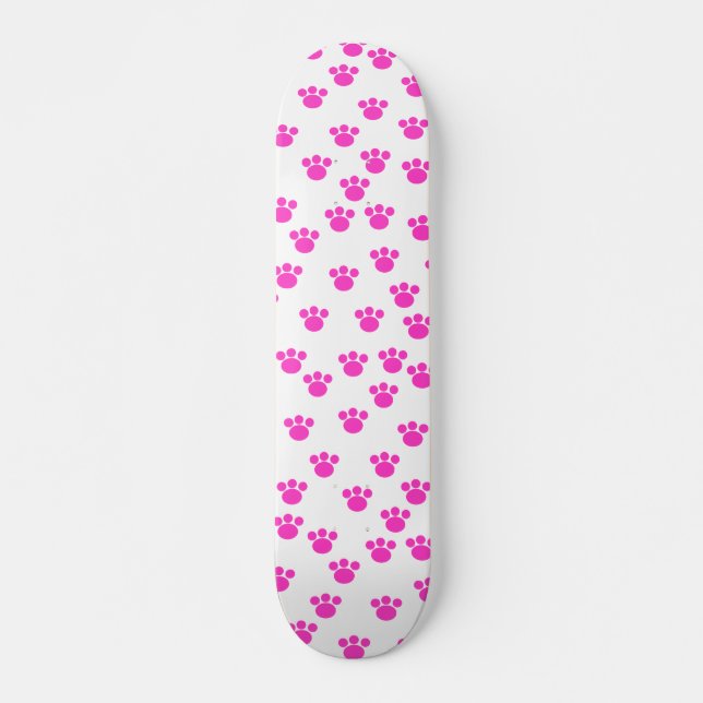 Bright Pink and White Paw Print Pattern. Skateboard (Front)