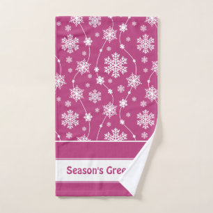 Bright Pink and Winter White Snowflake Pattern Bath Towel Set