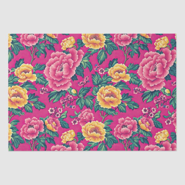 Bright Pink and Yellow Chinoiserie Floral Tissue Paper (Front)