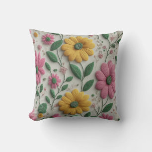 Bright Pink and Yellow Floral Embroidery Style Art Throw Pillow