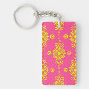 Bright Pink and Yellow Flowers Design Keychain