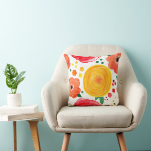 Bright Pink and Yellow Watercolor Floral Throw Pillow