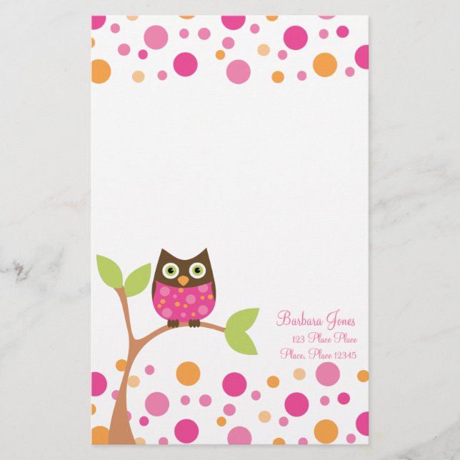 Bright Pink Baby Owl Stationery (Front)
