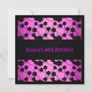 Bright Pink & Black Flowers 40th Birthday Invitation