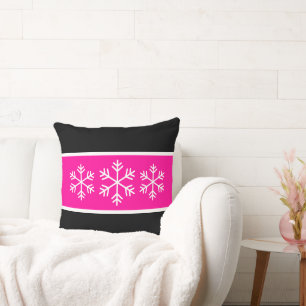 Bright Pink Black Stripes White Alpine Snowflakes Throw Pillow