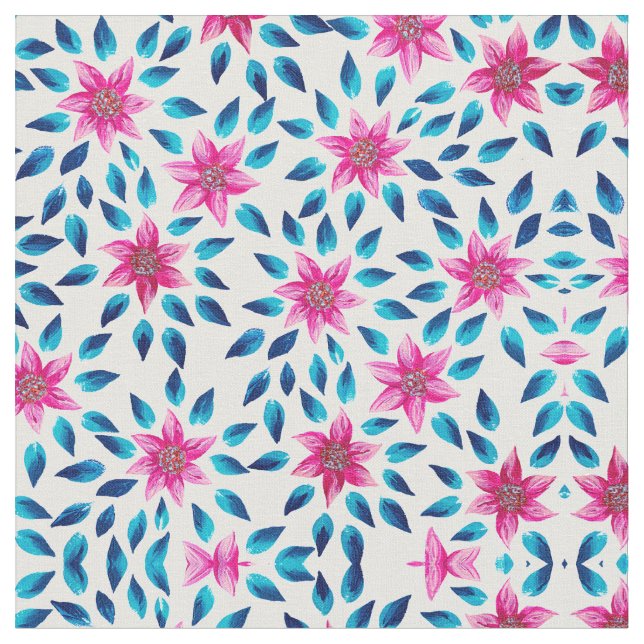 Bright Pink Blue Flowers Leaves Acrylic Paint Fabric (Close Up)