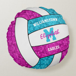 bright pink blue girls volleyball room decor round pillow