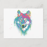 Bright Pink Blue Neon Watercolors Splatters Wolf