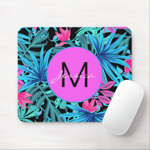 Bright Pink Blue Tropical Floral Personalised Mouse Pad