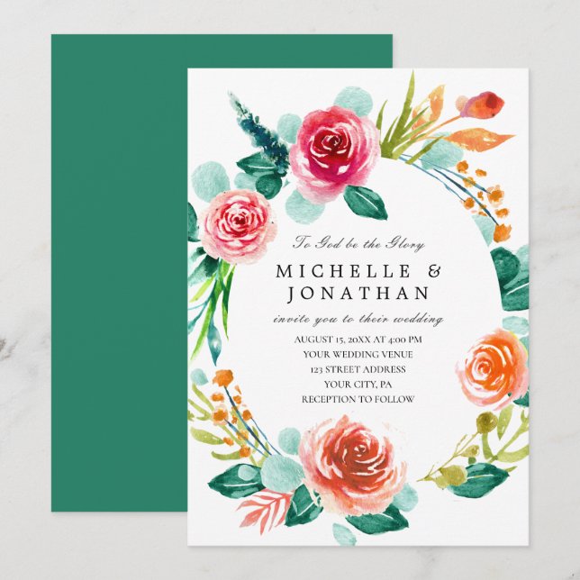 Bright Pink Blush Floral Wreath Christian Wedding Invitation (Front/Back)