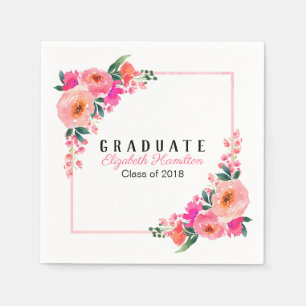 Bright Pink Botanical Floral Graduation Party Napkin