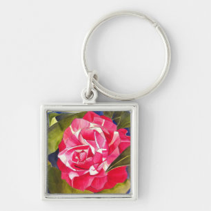 Bright pink Camellia watercolor art flower Keychain