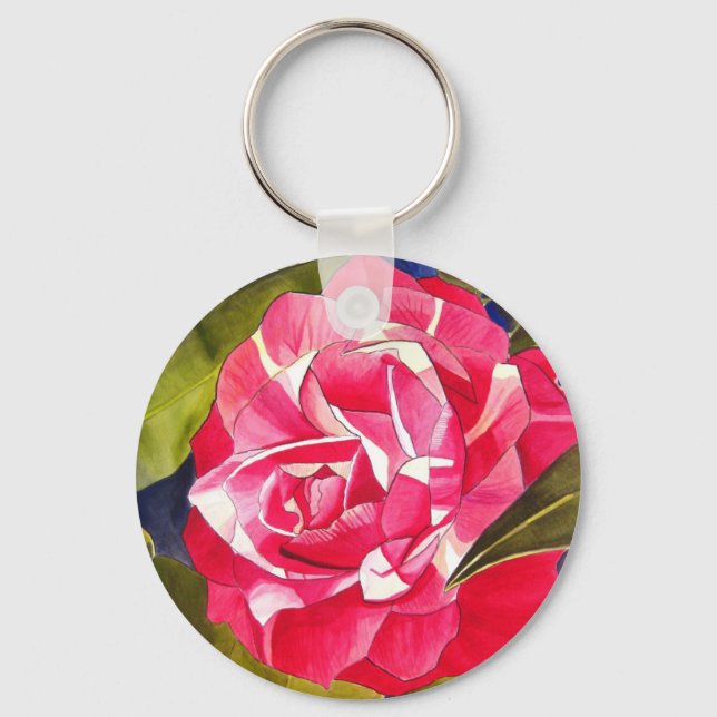 Bright pink Camellia watercolor art flower Keychain (Front)