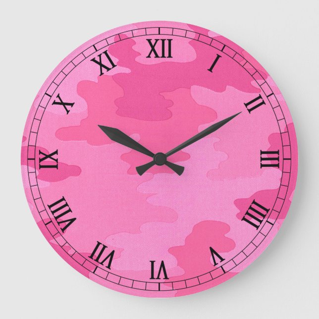 Bright Pink Camouflage Round Roman Numerals Clock (Front)