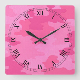 Bright Pink Camouflage Square Roman Numerals Clock