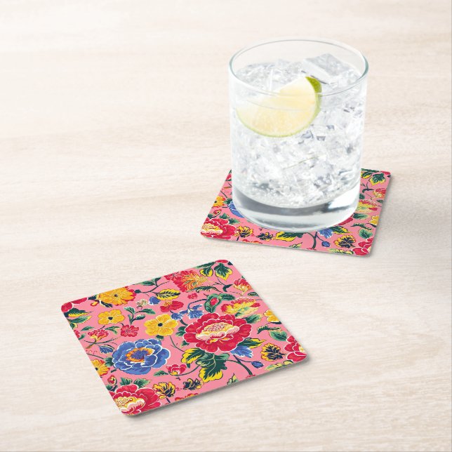 Bright Pink Chinoiserie Floral Square Paper Coaster (Insitu)