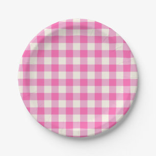 Bright Pink Cottagecore Gingham Check Plaid Paper Plate