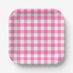Bright Pink Cottagecore Gingham Check Plaid Paper Plate