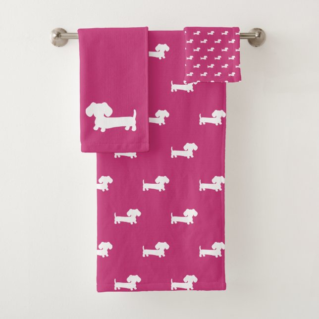 Bright Pink Dachshund 3- piece Bath Towel Set (Insitu)