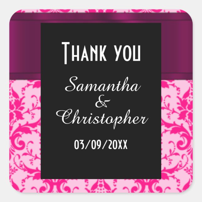 Bright Pink damask thank you Square Sticker (Front)