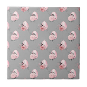 Bright Pink Easter Eggs Delicate Spring Leaves Tile