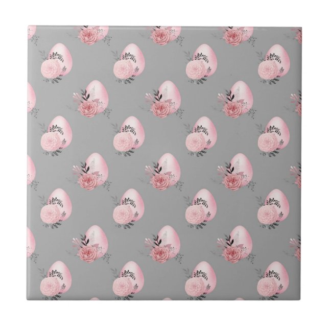 Bright Pink Easter Eggs Delicate Spring Leaves Tile (Front)