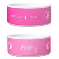 Bright Pink Eat Play Love Custom Dog Name Bowl