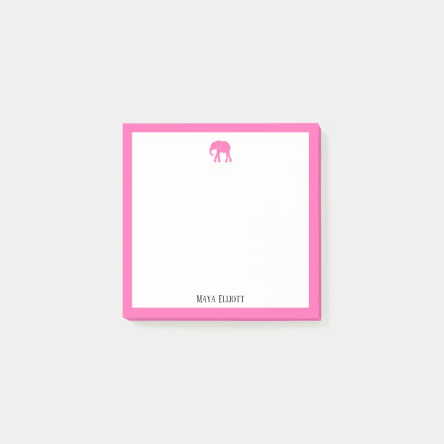 Bright Pink Elephant and Border on White w/ Name Post-it Notes (Front)